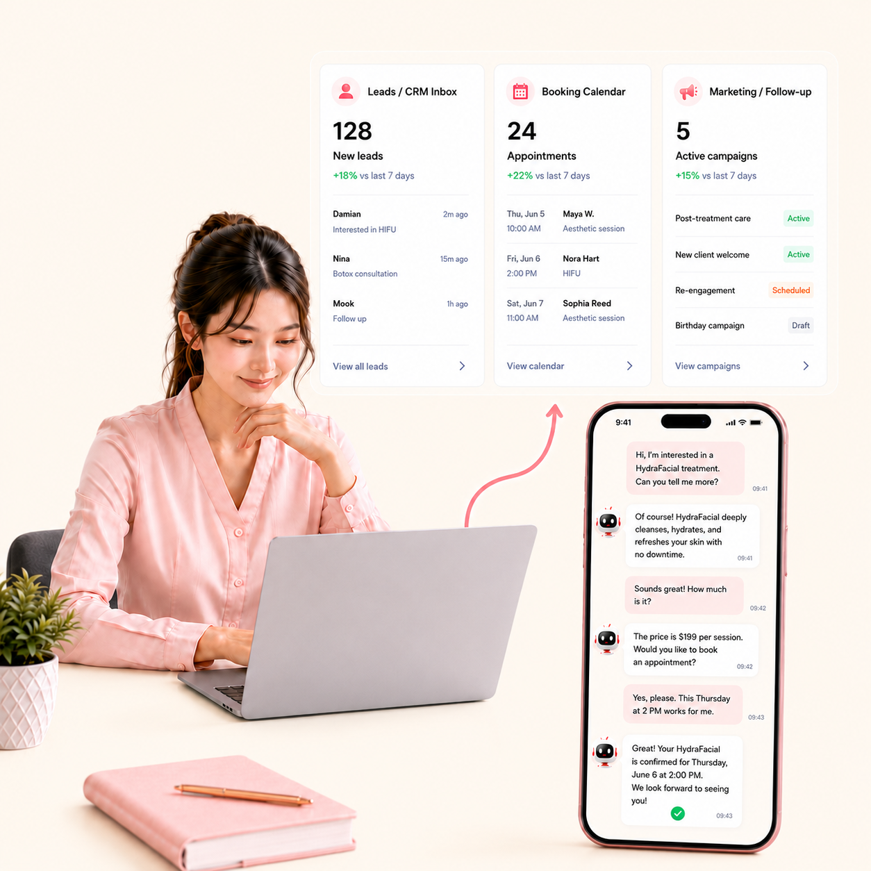 Clinic staff using ClinicAi to answer patient chats, manage bookings, and follow up automatically